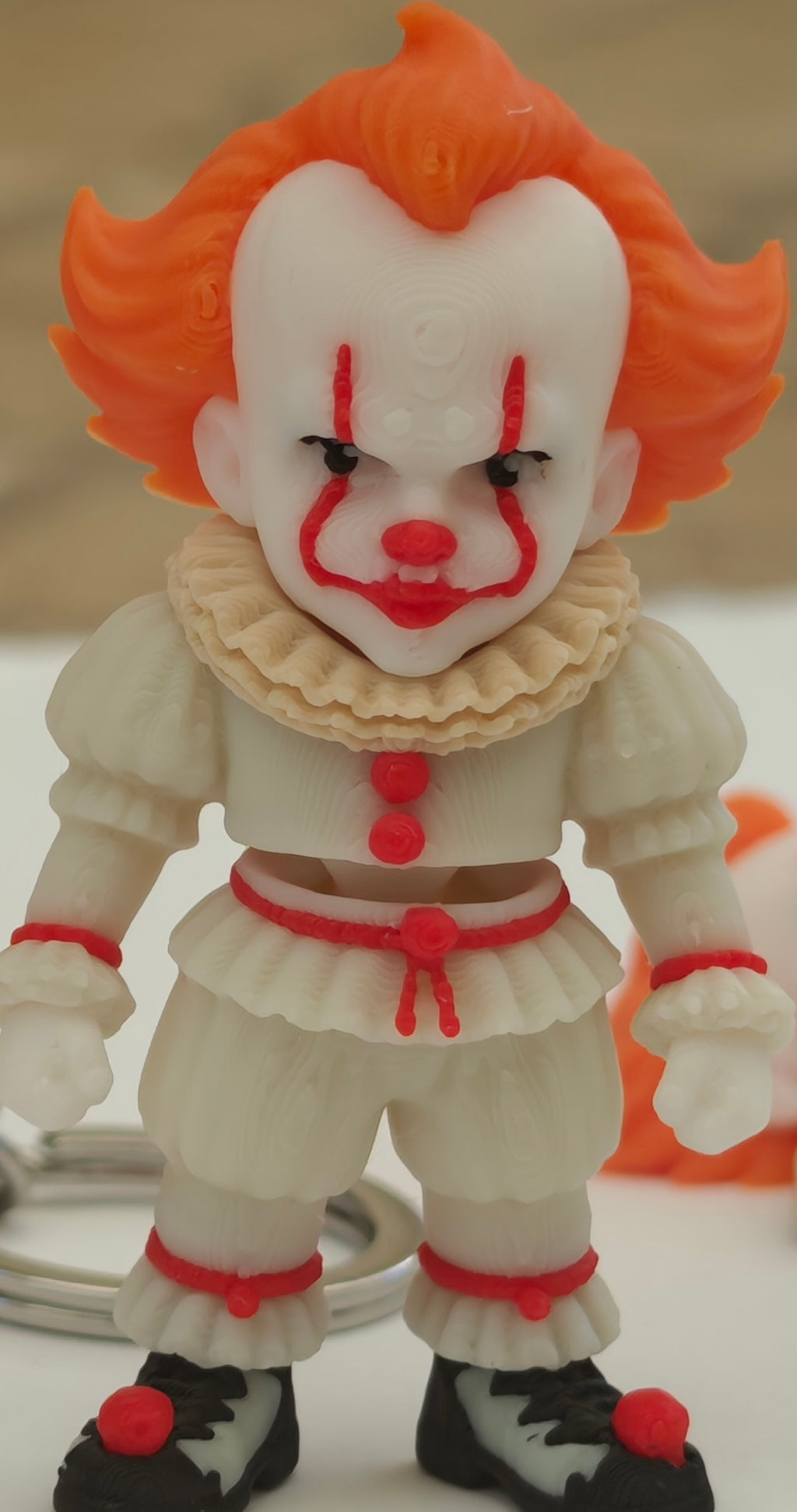 Pennywise 3D-Printed Keychain, Halloween Gift · 2.4″ PLA Figure with Stainless Steel Ring